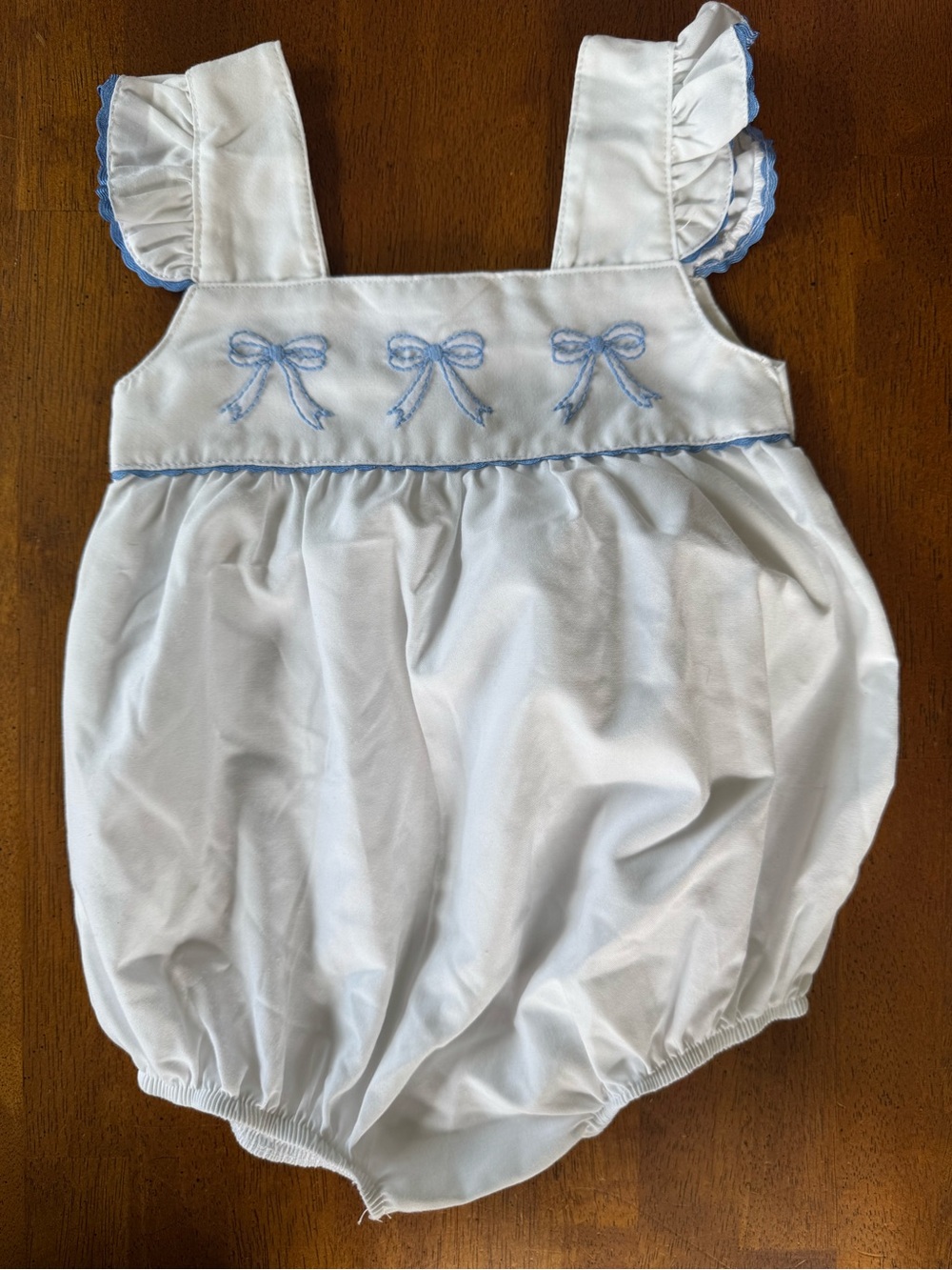 Sweet Dreams White Bubble Romper with Blue Embroidery